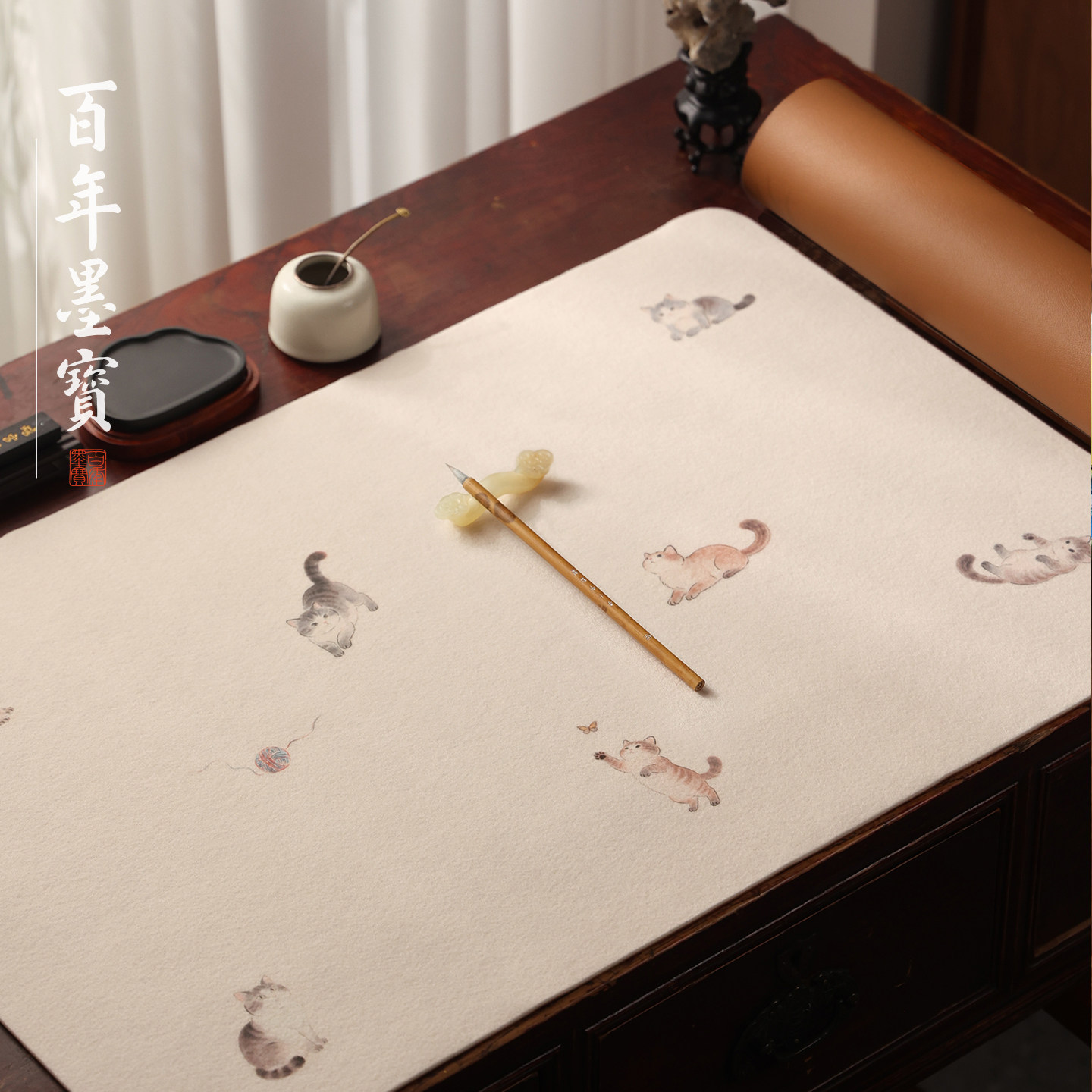 猫咪桃花源羊毛毡书法垫 新中式书画毛毡文房练字书桌垫文房四宝图片