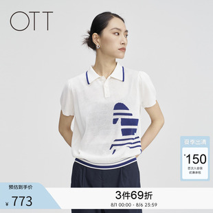 女POLO领针织短袖 新款 直身印花撞色毛衫 女装 商场同款 OTT 夏季