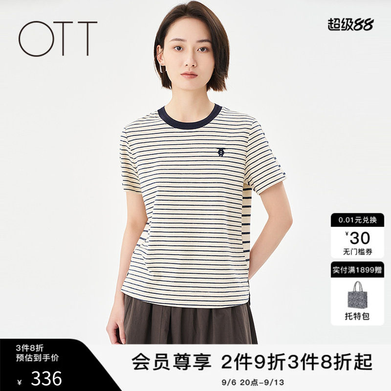 OTT夏季新款条纹蓝灰T恤女撞色边图片