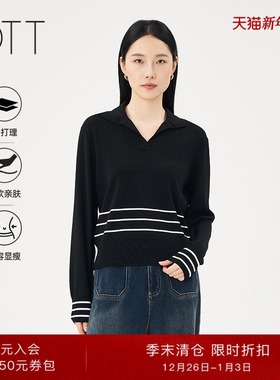 OTT2025春季新款黑色翻领套头毛针织衫女条纹袖口短款毛衫V领毛衣