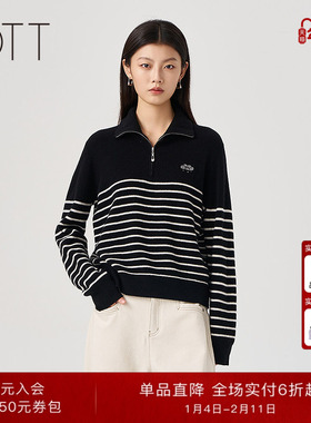 【山羊绒羊毛】0TT2025冬季女装新品条纹撞色半开领毛针织套头衫