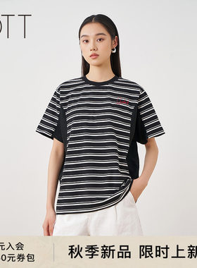 OTT夏季黑白条纹刺绣短袖T恤女