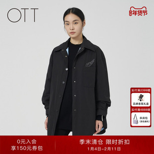 OTT冬季新款衬衫型翻领轻薄简约羽绒服女中长款黑色鸭绒羽绒外套