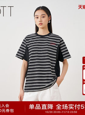 OTT夏季黑白条纹刺绣短袖T恤女
