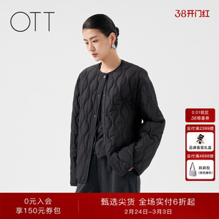 OTT【商场同款】冬季新款黑色百搭无领轻薄棉衣女一手长拼接外套
