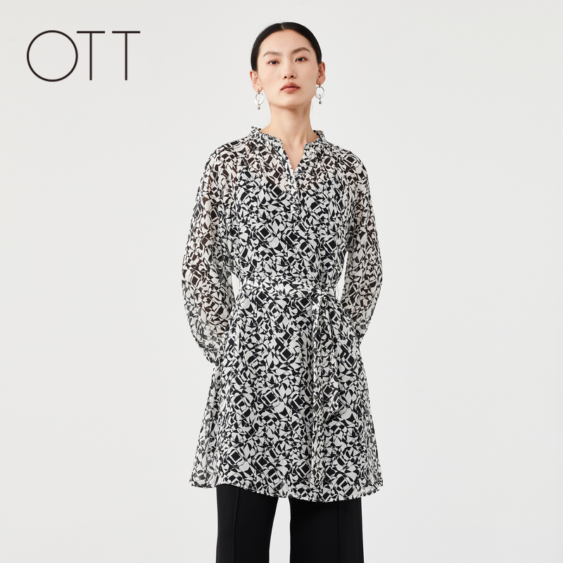 OTT夏季新品宽松A版真丝印花长袖连衣裙真两件裙子女装