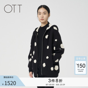 OTT冬季 女宽松连帽针织羊毛外套 新款 黑色一手长两面穿毛织开衫