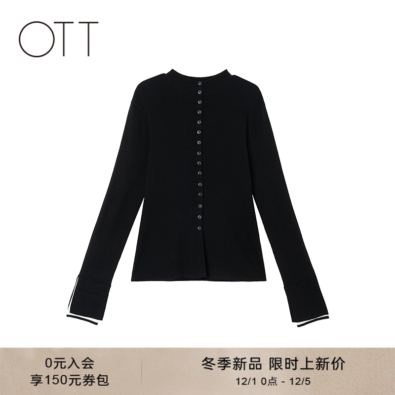 OTT2025冬季新品女装黑色圆领气质长袖上衣显瘦拼接套头毛针织衫