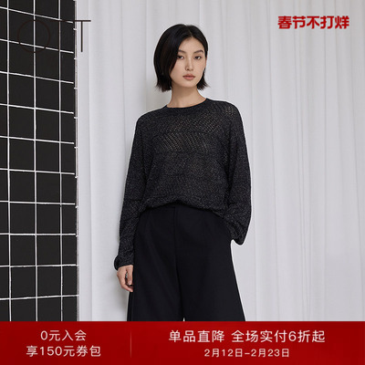 OTT秋季深灰女圆领通勤针织衫