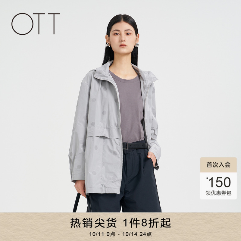 OTT春秋新款灰色波点印花一手长短款连帽外套女宽松休闲轻薄上衣