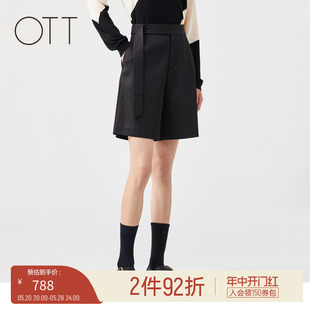 款 黑色高腰百慕大短裤 羊毛五分裤 OTT秋季 系腰带五分裤 女装
