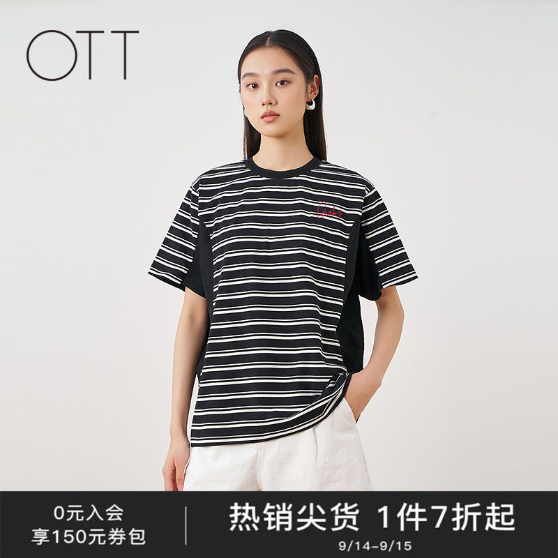 OTT夏季黑白条纹刺绣短袖T恤女图片