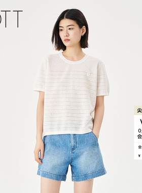 OTT【微风针织】夏季新款红色条纹毛织套头短袖女薄款针织衫