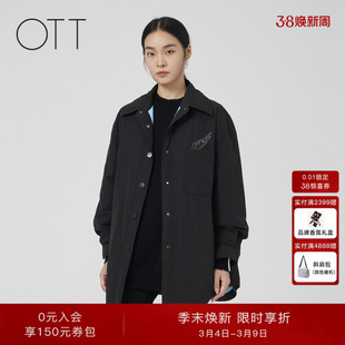OTT冬季新款衬衫型翻领轻薄简约羽绒服女中长款黑色鸭绒羽绒外套