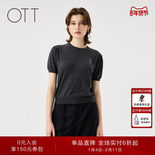 OTT100%山羊绒毛织套头衫冬季新品宽松H型喜字女短款泡泡袖针织衫