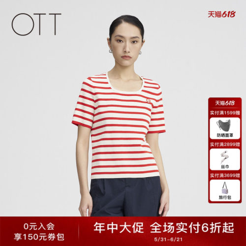 OTT【商场同款】夏季新款绣标点缀条纹针织衫女套头低领短袖毛衫