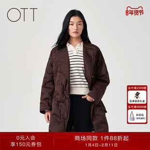 OTT【商场同款】2025冬季新品棕色廓形中长款鹅绒羽绒服外套女