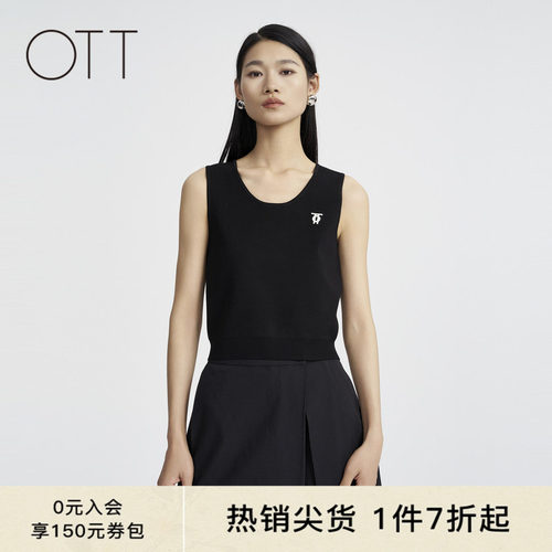 OTT春秋新品简约廓形小U领毛织背心女经典黑色百搭无袖毛针织衫