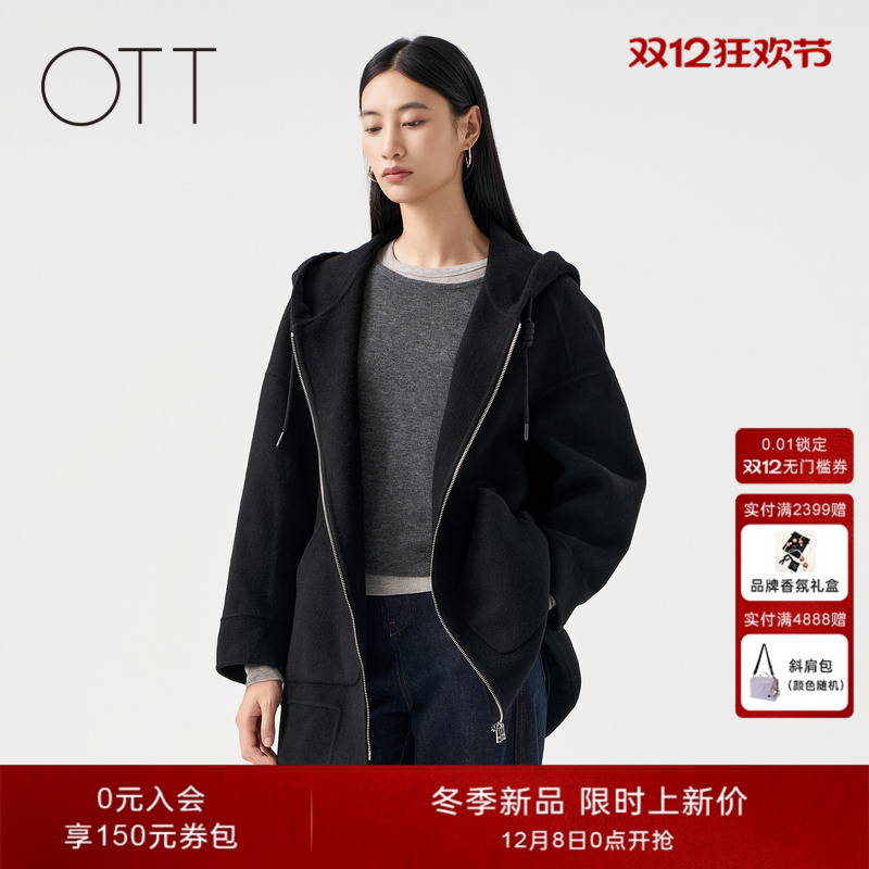 OTT2025冬季新款黑色毛呢外套