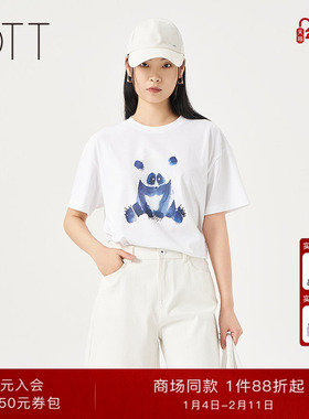 OTT【商场同款】纯棉熊猫印花短袖T恤夏季新品女装百搭舒适上衣