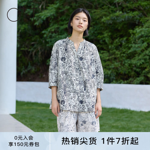 OTT【商场同款】2025夏季新品纯棉满幅图案衬衫宽松时髦衬衣女装