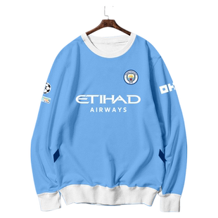 24-25曼城队服哈兰德足球衣服球迷服满印圆领卫衣套头男女长袖衫