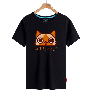 怪物猎人厨师艾露猫手办游戏周边短袖T恤衫男女纯棉半袖学生衣服