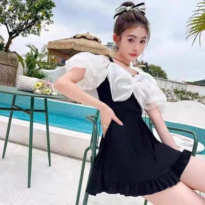 2025新款泡温泉游泳衣新款保守微胖女孩子遮肚显瘦黑色游泳衣连