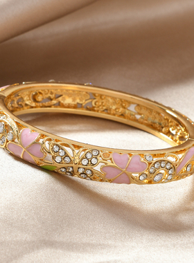 复古民族风北京景泰蓝宫廷风碎钻单层开口珐琅四叶草手镯精致礼物