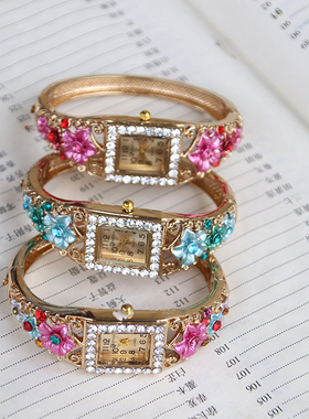 景泰蓝水晶手表方形宫廷复古玫瑰花朵型镂空开口流行首饰情侣镯子