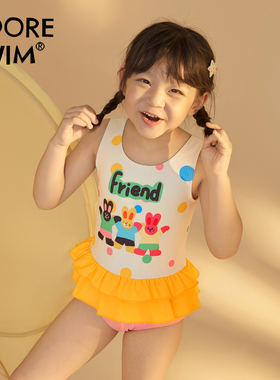 爱多尔女孩泳衣2024新款儿童连体裙式女童游泳衣小童涂鸦圆点时尚