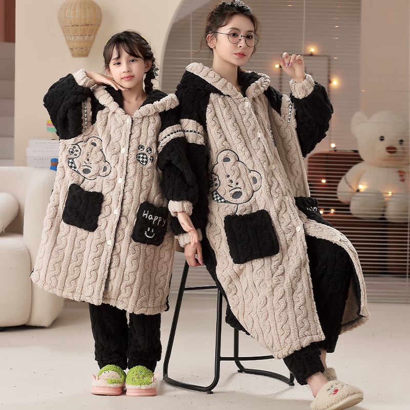 母女睡衣亲子秋冬季法兰绒加厚睡袍套装女童珊瑚绒长款浴袍家居服