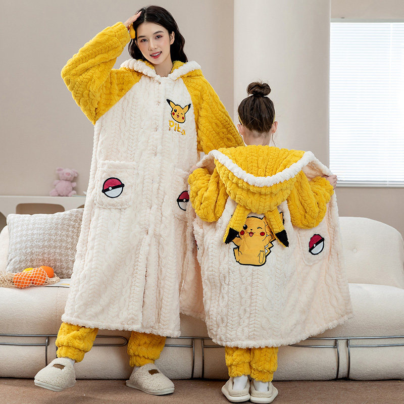 母女睡袍加绒加厚家居服套装女童睡衣冬季法兰绒家居袍珊瑚绒亲子