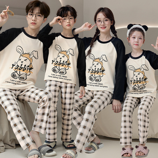 春秋季一家子睡衣亲子装长袖纯棉卡通印花母女家居服儿童全棉套装