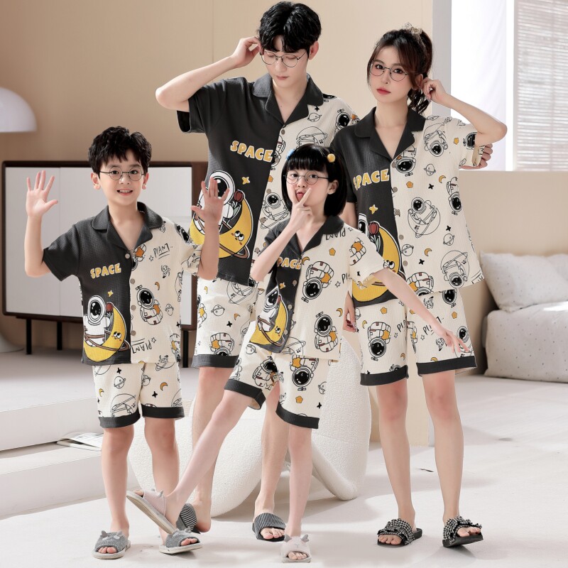 亲子睡衣一家三口装夏季短袖短裤纯棉短袖薄款母女母子四口家居服