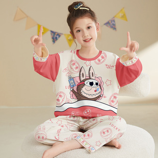 拉布布纯棉女童春秋睡衣长袖长裤套装中大童新款全棉小女孩家居服
