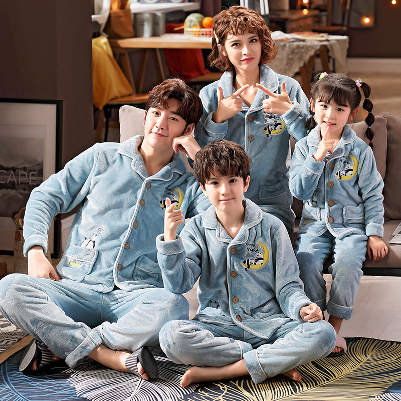 冬季亲子睡衣一家三口法兰绒套装