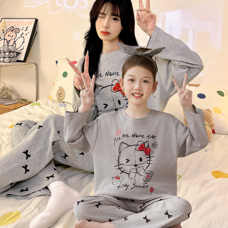 女童睡衣春秋季长袖纯棉母女套装
