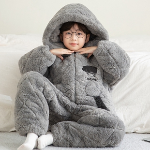 冬季儿童三层夹棉睡衣男童法兰绒加绒加厚冬天男孩保暖拉链家居服