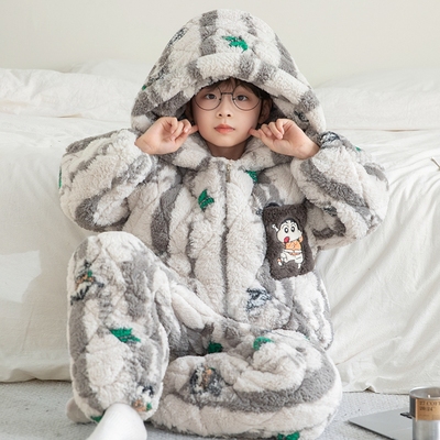 三层加厚夹棉男童睡衣连帽套装