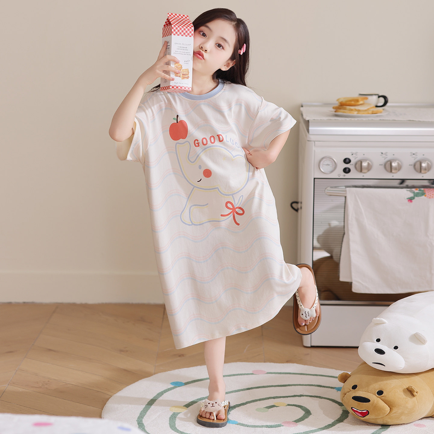 女童夏季纯棉睡衣儿童短袖中长款连衣裙家居服初中生女宝宝空调服
