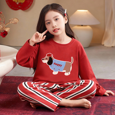 女童全棉红色长袖睡衣套装