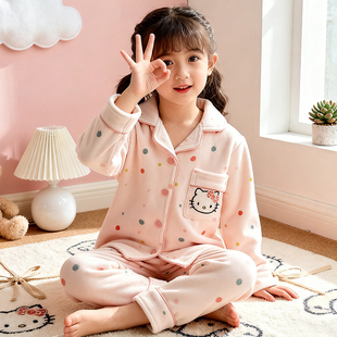 儿童德绒睡衣长袖2025新款秋冬季保暖卡通KT猫女童大童家居服套装
