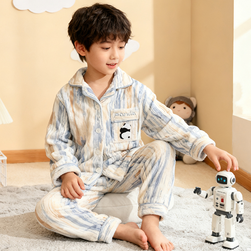 男童法兰绒睡衣秋冬款家居服套装