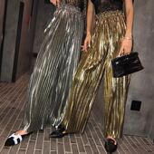 女大码 夏个性 显瘦百褶松紧腰裤 2020金色银色褶皱阔腿裤 子韩国同款