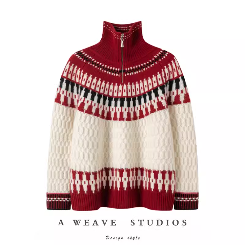 好穿气质到爆~复古圣诞红拉链立领绞花费尔岛100纯羊绒毛衣女冬季