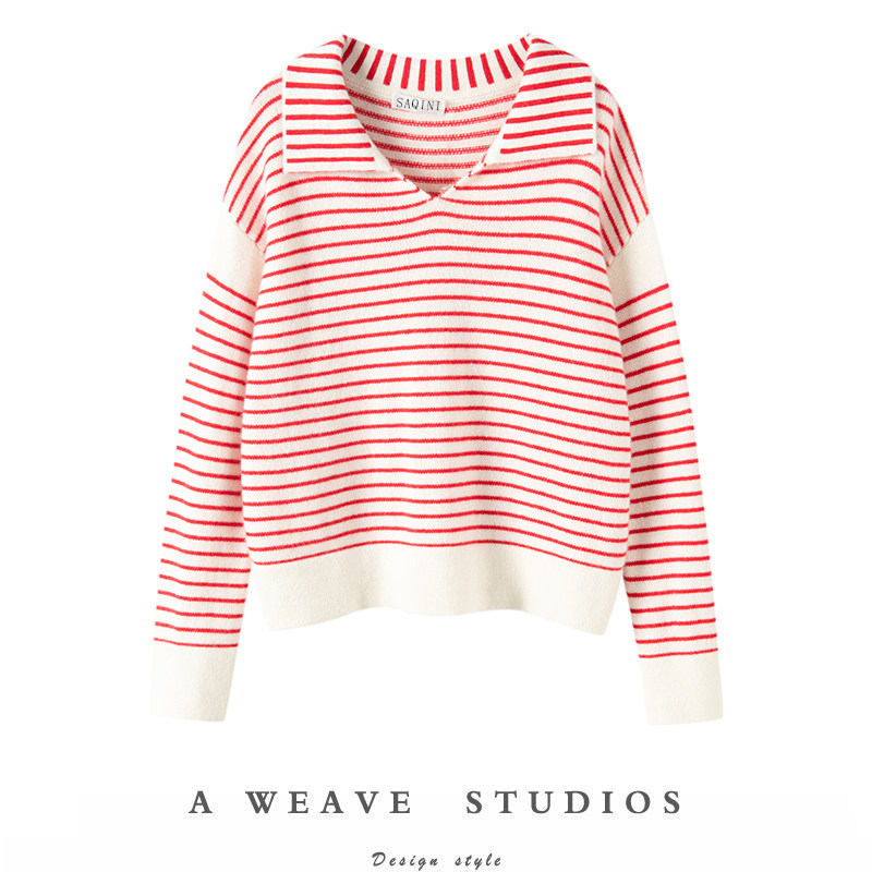 RNST秋冬V领休闲宽松100纯羊绒衫红白条纹撞色加厚时尚针织毛衣