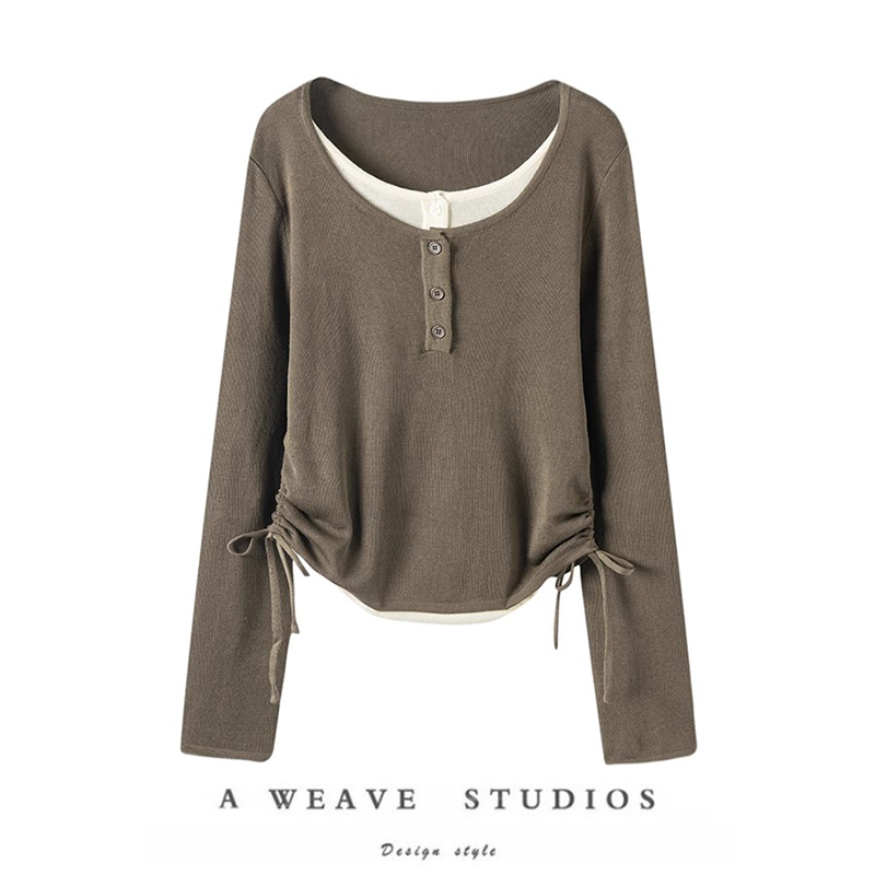 怦然心动的版~半开扣假两件纯羊绒衫女撞色抽褶小众设计感上衣