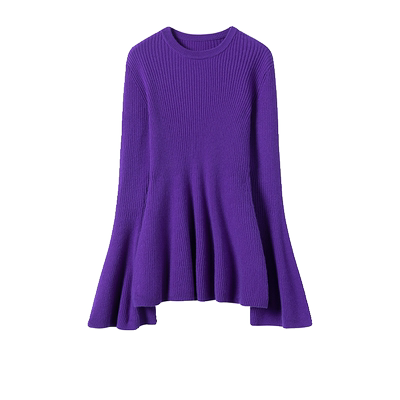 高质量时髦段位~100%山羊绒喇叭袖坑条沙漏型修身针织上衣