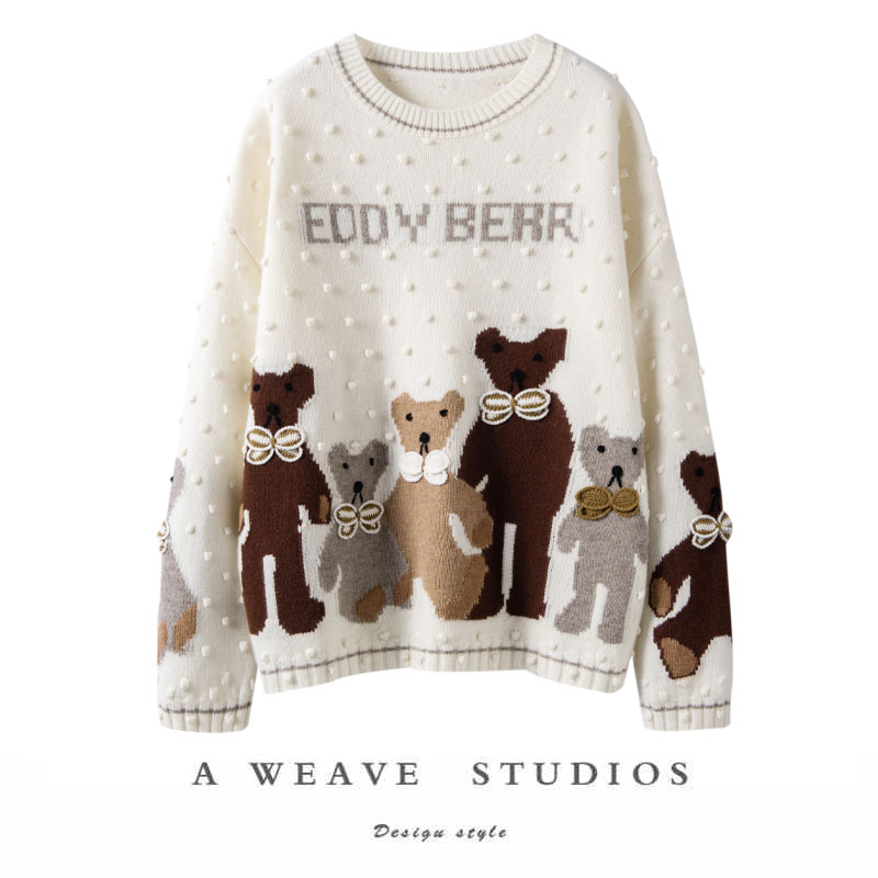 纯山羊绒衫女重工字母小熊圆领